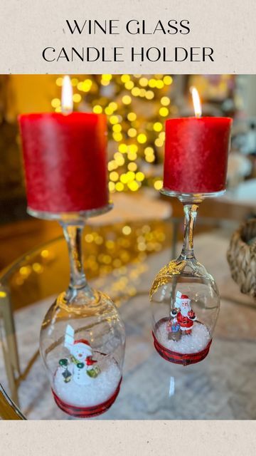 Jessica Cole on Instagram: "The cutest little DIY made from some old wine glasses! What you need: Stem wine glass Foam board (white) Fake snow Little people (found in the Xmas village section) 1/2” ribbon Hot glue gun Pillar candle (optional) Exacto knife Directions: 1) trace wine glass on foam Board and cut using exacto knife 2) hot glue little people to the middle of the foam board circle 3) sprinkle about 2” of fake snow into the glass 4) hot glue the outline of the foam circle, and place upside down onto glass, inserting the person into the glass 5) cut ribbon long enough to wrap around the mouth of the glass, covering the foam board edge- and blue ribbon around to cover. 6) flip glass around, shaking the snow to the bottom 7) place pillar candle on stem base That’s it! Su Giants Wreath, Xmas Village, Wine Glass Candle Holder, Xmas Candles, Exacto Knife, Wine Glass Candle, Fake Snow, Diy Candle Holders, Glue Gun