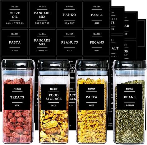 - 132 preprinted pantry labels - Black waterproof stickers for containers and jar organization Labels For Storage Bins, Black Pantry, Labels For Organizing, Kitchen Pantry Labels, Syrup Labels, Labels For Jars, Canister Labels, Jars Kitchen, Spice Jar Labels