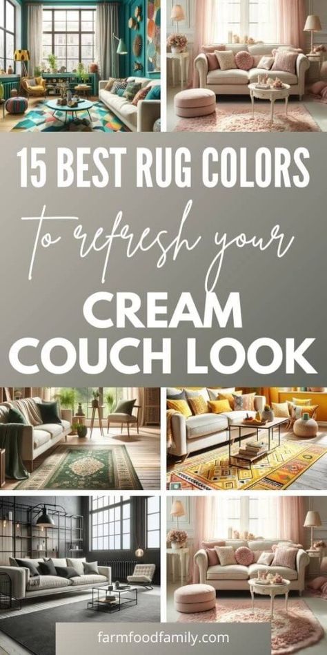 15 Vibrant Rug Colors to Refresh Your Cream Couch Look 34 Cream Couch And Rug, Rug With Cream Couch, Cream Sofa Rug Ideas, Living Room Area Rug Ideas Beige Couch, Rugs For Cream Couch, Beige Couch Rug Ideas, Cream Colored Couch Living Room, Cream Couch Living Room Color Schemes, Cream Living Room Furniture