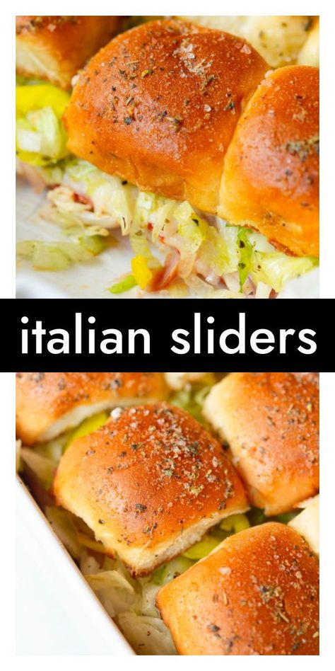 Italian Sliders are warm sandwiches made with Hawaiian roll sliders, filled with ham, salami, provolone cheese, banana peppers, lettuce, and Italian dressing. The rolls are brushed with an Italian seasoned butter. These are perfect for an easy lunch, dinner or game day appetizer! Warm Sandwiches, Italian Sliders, Slider Recipe, Hawaiian Roll Sliders, Chicken Parmesan Meatballs, Seasoned Butter, Banana Peppers, Hair Natural Color, Hawaiian Sweet Rolls