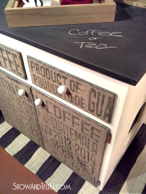 burlap-coffee-bean-sack-furniture-chalkboard-top-http://www.stowandtellu.com Burlap Furniture, Cat Litter Cabinet, Coffee Bean Sacks, Burlap Coffee Bags, Coffee Bean Bags, Coffee Sack, Coffee Sacks, Burlap Sacks, Furniture Cabinet