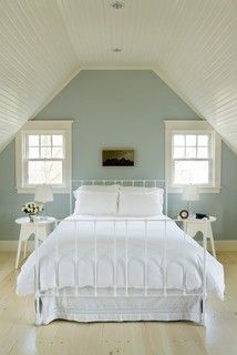 small bedrooms with low slanted ceilings | wall colors guest room attic bedrooms guest bedrooms blue wall bedroom ... Soothing Bedroom Colors, Quiet Moments Benjamin Moore, Beach Style Bedroom, Soothing Bedroom, Living Colors, White Linens, Angled Ceilings, Beadboard Ceiling, Revere Pewter