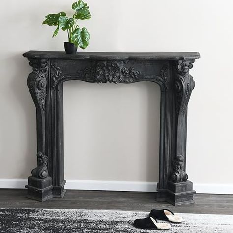 Black Faux Fireplace Mantel, Fireplace Mantles Ideas, European Coastal Decor, Vintage Fireplace Mantle, Gothic Farmhouse Decor, Victorian Fireplace Mantels, Painted Fireplace Mantels, French Fireplace Mantel, Gothic Fireplace