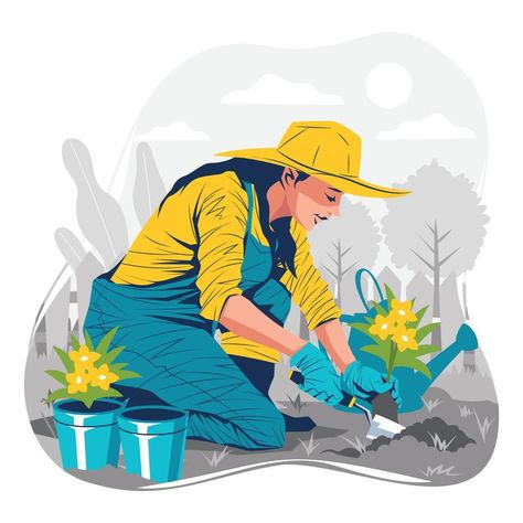 Woman Gardener Planting a flowers Concept Woman Gardening Illustration, People Planting Trees Drawing, People Planting Trees, Gardener Drawing, Gardening Sketch, Gardening Tools Illustration, Notion Photos, Gardener Illustration, Farm Mural