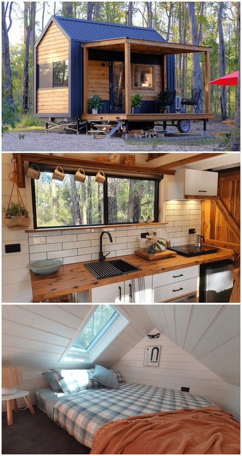 This charming tiny house features an interior that radiates warmth and contemporary design, with cypress pine flooring and rich timber accents. The kitchen, a masterpiece of functionality and style, beckons with its soft-close drawers and a clever layout. Ascend the cypress pine ladder to a loft with room to stand and a skylight that frames the stars. The bathroom features a custom cypress sink and an LED backlit mirror. Mobile Tiny House Design, Mobile Tiny House, Led Backlit Mirror, Cozy Tiny House, Deck Addition, Cypress Pine, Pine Flooring, Bathroom Features, Port Macquarie