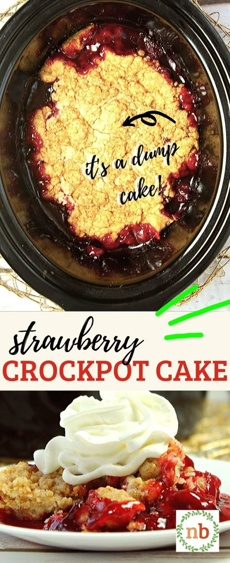 Easy slow cooker dump recipe for strawberry cake. A yummy dessert with only 3 ingredients! #slowcooker #dump #easy #3ingredients #dessert Slow Cooker Strawberry Dump Cake, Slow Cooker Cherry Dump Cake, Rhubarb Crockpot Dump Cake, Strawberry Dump Cake Crock Pot, Crockpot Strawberry Dump Cake, Slow Cooker Dump Cake Recipes, Crockpot Strawberry Cobbler, Slow Cooker Peach Cobbler Dump Cake, Cake In A Crockpot Recipes