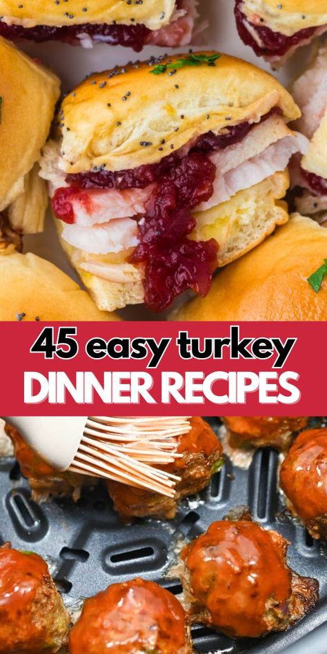 You'll love these 45 tasty turkey dinner recipes for any time of year. Enjoy easy ideas for delicious turkey meals everyone will love! Turkey Dinner Crockpot Recipes, One Pan Turkey Dinner, Turkey Dinner Ideas, Turkey Dinner Recipes, Meals Everyone Will Love, Moist Turkey Meatloaf, Ground Turkey Casserole, Turkey Salad Recipe, Turkey Meals