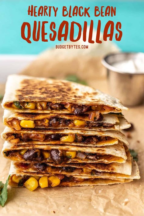 These Hearty Black Bean Quesadillas are an easy vegetarian snack or light meal that are filling, flavorful, and freezer-friendly! BudgetBytes.com Vegetarian Snacks Easy, Bean Quesadilla, Black Bean Quesadilla, Vegetarian Snack, Homemade Taco Seasoning Recipe, Budget Bytes, Student Recipes, Quesadilla Recipes, Vegetarian Snacks