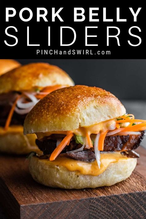 Pork Belly Sliders Asian Sliders, Backyard Bbq Appetizers, Easy Pork Belly, Pork Belly Sliders, Game Day Food Ideas, Game Day Foods, Chashu Pork, Football Foods, Sliders Recipes