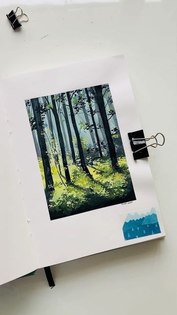 Harshita on Instagram: "The small washi tape at the bottom to hide the paint I spilled and wanted to hide but wanted it to look cute at the same time. Still looks weird but never mind😝 How do you like the painting though? Misty forest was something I wanted to paint for sooooo long. Also, this journal from @vincistationery I love the hard cover, it’s colour and the minimalist design💚 And the best part is that you can use my unique cod HARSHITA10 and get a 10% off on purchasing this journal (i Journal Cover Painting, Cover Painting, Acrylic Card, Art Journal Cover, Gouache Illustrations, Gouache Art, Never Mind, Misty Forest, Landscape Art Painting