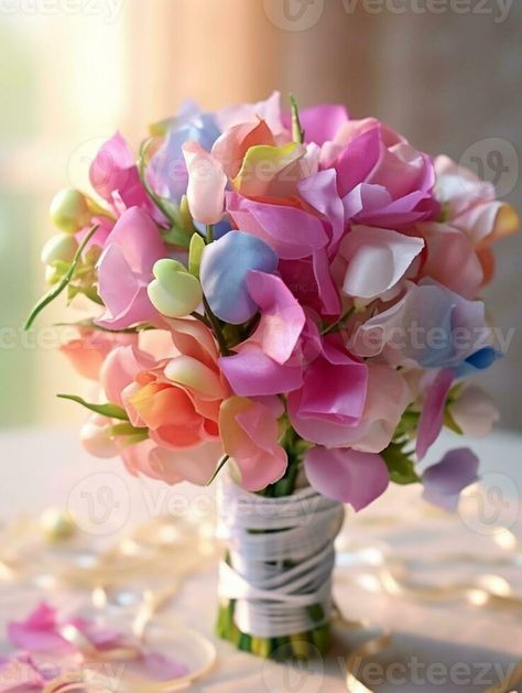 Sweet pea wedding bouquet flower on blurred window background. AI Generated Sweet Pea And Daisy Bouquet, Sweet Pea Wedding Bouquet, Sweet Pea Wedding, Sweetpea Bouquet Wedding, Bouquet With Sweet Peas, Bridal Bouquet Sweet Peas, Pink Sweet Pea Bouquet, Window Background, Sweet Pea Bouquet