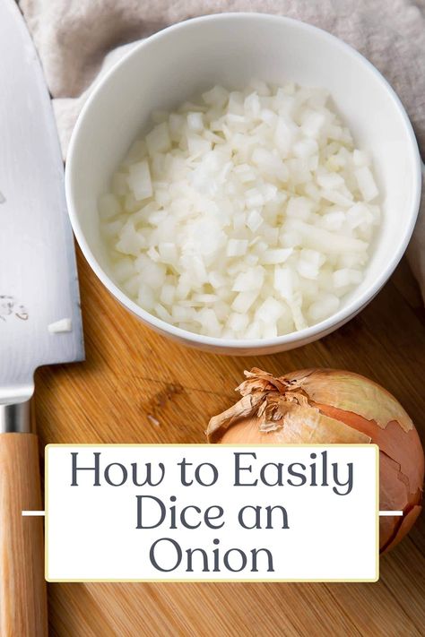 Do you know how to dice an onion the easy way? This method for dicing an onion is faster and easier than the traditional way, and it'll make you a pro in the kitchen any time a recipe calls for diced onion. How To Dice An Onion, Dice An Onion, Dice Onion, 40 Aprons, How To Cut Onions, Easy Canning, Kitchen Skills, Vidalia Onions, Prepared Food