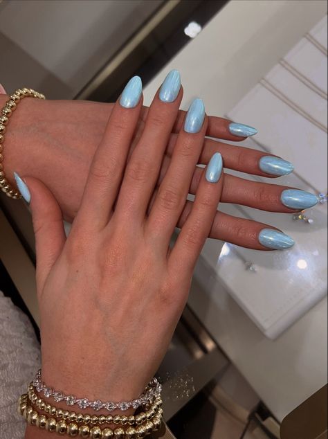 Baby Blue Glazed Nails, Miami Blue Nails, Blue Chrome Nails Coffin, Light Blue Chrome, Cinderella Blue Nails, Blue Pearl Nails, Baby Blue Chrome Nails, Blue Chrome, Light Blue Chrome Nails