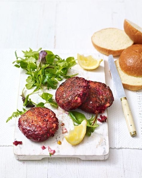 Beetroot and feta burgers recipe | delicious. magazine Feta Burgers, Beetroot Burgers, Bbq Veggies, Vegetarian Burgers, Beetroot Recipes, Vegetarian Bbq, Vegetarian Burger, Delicious Magazine, Midweek Meals