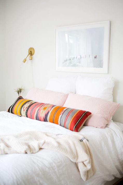 This New Pillow Trend Takes Lumbar Support to a Stylish (and Comfy!) Level via Brit + Co Surf Shack, Long Lumbar Pillow, Lumbar Pillows, Future Apartment, Bohemian Bedroom, White Room, Decoration Inspiration, Bedroom Themes, Beautiful Bedrooms