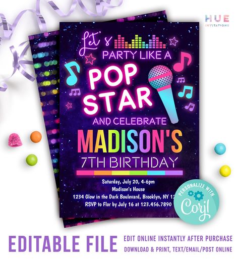 Pop Star Birthday Party Ideas, Music Birthday Invitation, Roller Skating Birthday Invitations, Teen Birthday Invitations, Pop Star Party, Music Birthday Party, Music Theme Birthday, Dance Party Birthday, 7 Birthday