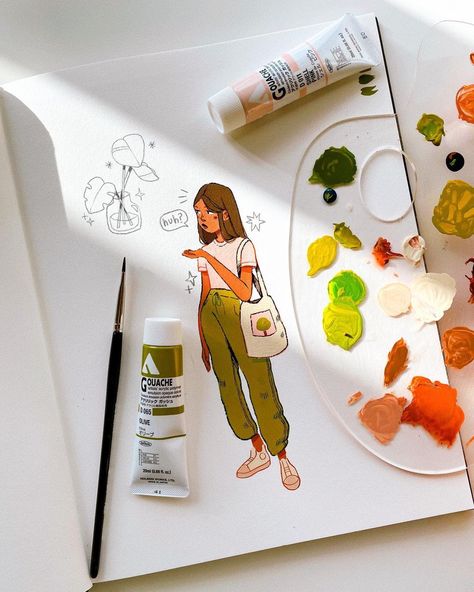 Anime Scenes To Paint, Gouache Character Illustrations, Gouache Character, Watercolor Reference Photo, Guache Illustration, Paint Experiments, Pintura A Guache, Sara Faber, Sketchbook Tutorial