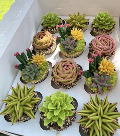 Cupcakes Succulents, Succulent Cupcakes, Succulent Cake, Cactus Cake, Buttercream Cupcakes, Floral Cupcakes, Cupcake Designs, Cake Decorating Designs, Flower Cupcakes