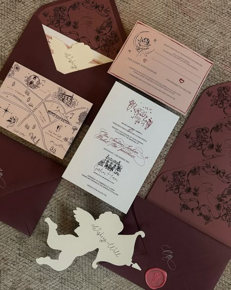 A cherub of love gracing romantic shades of red. Cupid Wedding Theme, Red And Champagne Wedding, Shades Of Red Wedding, Garden Wedding Aesthetic, Red Velvet Wedding, Wedding Invitations Red, Love In Full Bloom, Invitation Business, Letters Flowers