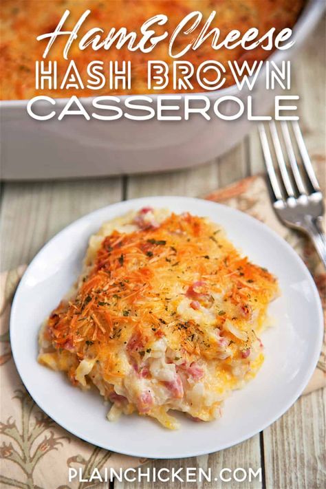 Ham and Cheese Hash Brown Casserole - only 6 ingredients!! Hash browns, ham, parmesan cheese, cheddar cheese, cream of potato soup, and sour cream. YUM! He took one bite and couldn't stop raving out this casserole!! Can make ahead of time and refrigerate or freeze for later. A new favorite in our house! Cheese Hash Brown Casserole, Cheese Hashbrown Casserole, Ham And Cheese Casserole, Cream Of Potato Soup, Cheesy Ham, Ham Casserole, Hashbrown Casserole, Cheese Cheddar, Hashbrown Recipes