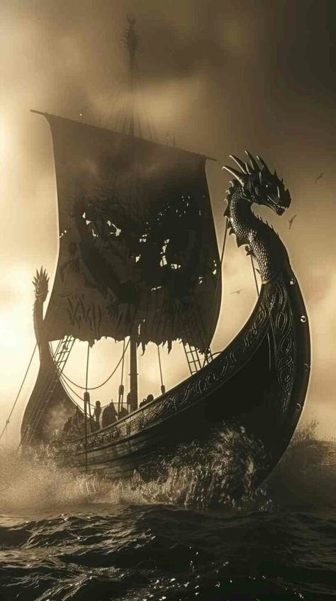 Barco Viking, Nordic Wallpaper, Viking Ideas, Nautical Tattoo Sleeve, Fantasy Dragon Art, Viking Wallpaper, Pirate Ship Art, Outline Pictures, Viking Aesthetic