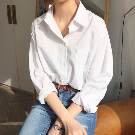 #kfashion, #ootd White Button Up With Jeans Outfit, Loose Button Up Shirt Outfit Women, White Shirt Blue Jeans Outfit Women, Denim White Outfit, White Shirt With Blue Jeans, Jeans And White Shirt Outfit, White Shirt And Denim Jeans, White And Denim Outfits, Outfit With White Shirt