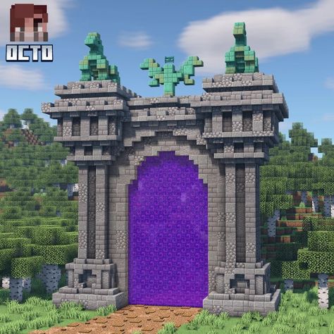 Medieval Portal Minecraft, Door Minecraft Design, Minecraft Stone Entrance, Minecraft Medieval Portal Design, Giant Nether Portal Design, Portal Minecraft Design, Nether Portal Building, Minecraft Terracotta Pattern, Minecraft Entrance Ideas Outside