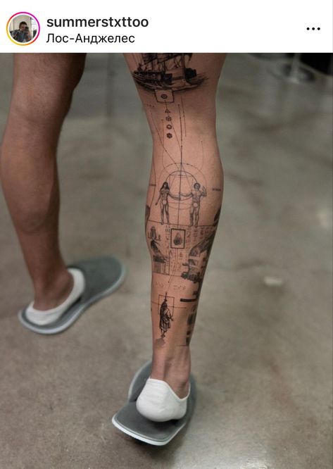 Geometric Leg Sleeve, Conceptual Tattoo, Jake Tattoo, Geometric Tattoo Sketch, Perspective Tattoos, Chris Tattoo, Calf Tattoo Men, Micro Realism, Tattoo Perna