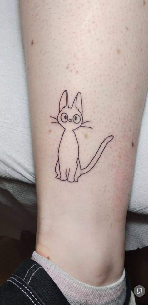 Studio Ghibli Tattoo Outline, Studio Ghibelline Tattoo, Studio Ghibli Tattoo Kiki, Studio Ghibli Tattoos Small Minimalist, Kiki Cat Tattoo, Studio Ghibli Cat Tattoo, Studio Ghibli Fineline Tattoo, Ghibli Tattoo Kiki, Small Studio Ghibli Tattoo Ideas