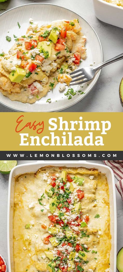 These Shrimp Enchiladas combine tender and flavorful shrimp, warm tortillas and the most decadent, cheesy and creamy enchilada sauce. Baked to perfection and ready in just over 30 minutes, this shrimp enchilada recipe is Mexican food at it's finest! #enchiladas #mexicanfood #lemonblossoms Shrimp Enchiladas Recipes, Creamy Shrimp Enchiladas, Seafood Enchiladas Recipe, Creamy Enchilada, Shrimp Enchiladas, Flavorful Shrimp, Homemade Enchiladas, Enchilada Recipes, Shrimp Recipes