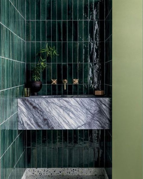 Bathroom Green Terrazzo, Bottle Green Bathroom, Dark Green Tile, Green Terrazzo, Green Tile Bathroom, Green Tiles, Mandarin Stone, Rectangle Tiles, Indoor Tile