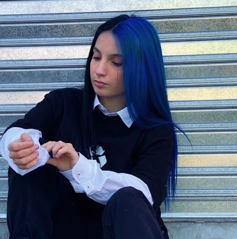 Half Black Half Blue Hair, Half Blue Half Black Hair, Blue Split Dye Hair, Indie Hairstyle, Hair Mood Board, Blue Black Hair Color, Half And Half Hair, Hair Color Orange, Split Dyed Hair