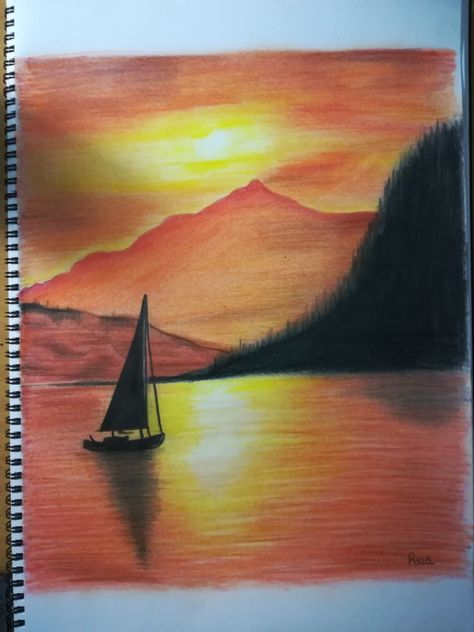 Landscape Paintings With Pencil Colours, Drawing Ideas Landscape Pencil Colour, Pencil Colour Painting Landscape, Colour Pencil Drawing Beginner, Natural Seen Drawing With Colour, Painting By Pencil Colour, Simple Drawings Color, Color Pencil Art Sunset, Sketches With Pencil Colours