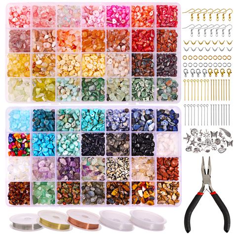 PRICES MAY VARY. All-in-one Jewelry Making Kit: Contains about 1500 crystals beads, 40 earring hooks, 40 head pins, 40 eye pins, 40 buckles, 100 jump rings, 10 lobster clasps, 30 silver pendants, 1 Jewelry pliers, 3 rolls of jewelry string, 2 rolls of elastic string. Beautiful Color Options: Gemstone beads with a rich variety of 56 colors to meet your different needs for making necklaces, bracelets, jewelry making beads, and many other craft and jewelry projects. Irregular Shapes & Sizes: These Earring Making Kit, Earring Making Kits, Colorful Crystal Necklace, Crystal Bracelet Kit, Diy Stone Bracelets, Bead Kits Jewelry Making, Crystal Bead Bracelet Diy Jewelry Making, Home Made Jewelry Ideas, Chip Bead Jewelry