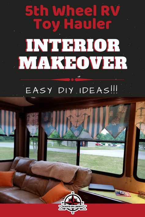 Check out this RV fifth wheel toyhauler makeover! The RV renovation took very little construction or paint but lots of creativity! We turn our toy hauler trailer into a land yacht! Here's some great RV decor ideas and camper interior decorating that will make you want to explore options for your own motorhome, travel trailer, truck camper or even boat! Lots of RV modifications and RV upgrades that are easy and inexpensive. Update your camper!  #rvliving #rvdecorating #rvremodel #camperremodel Toy Hauler Decorating Ideas, 5th Wheel Toy Hauler, Paint Rv, Toy Hauler Trailers, Fifth Wheel Toy Haulers, Rv Interior Design, Camper Organization, Rv Organization, Rv Makeover