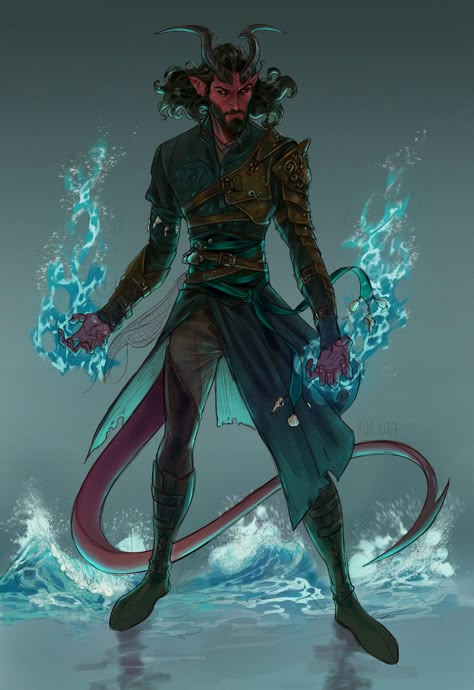 "Tiefling Warlock" by Ron Koza Tiefling Celestial Warlock, Tiefling Warlock Dnd, Fiend Warlock Dnd, Draconic Sorcerer Dnd Male, Feral Tiefling Male, Levistus Tiefling, Dnd Characters Tiefling, Dnd Warlock Art, Tiefling Male Art