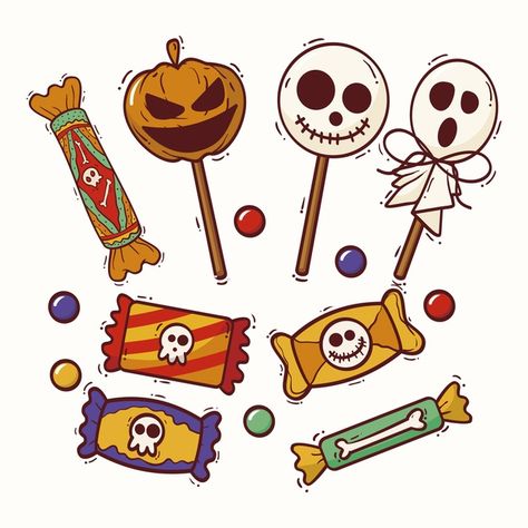 Set de dulces de halloween estilo dibuja... | Free Vector #Freepik #freevector Halloween Candy Drawing, Candy Vector, Marcos Halloween, Candy Drawing, Dulces Halloween, Halloween Cans, Halloween Gif, Birthday Scrapbook, Halloween Bags