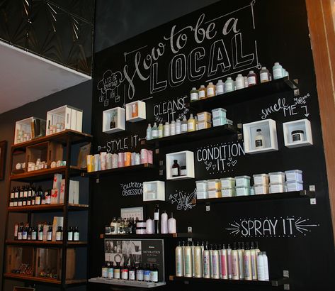 Salon Backroom Ideas, Salon Retail Wall Display Ideas, Retail Shelves Salon, Hair Salon Retail Display, Hair Salon Product Display Ideas, Salon Retail Ideas, Organic Salon Decor, Hair Product Display Salon Design, Salon Retail Shelves