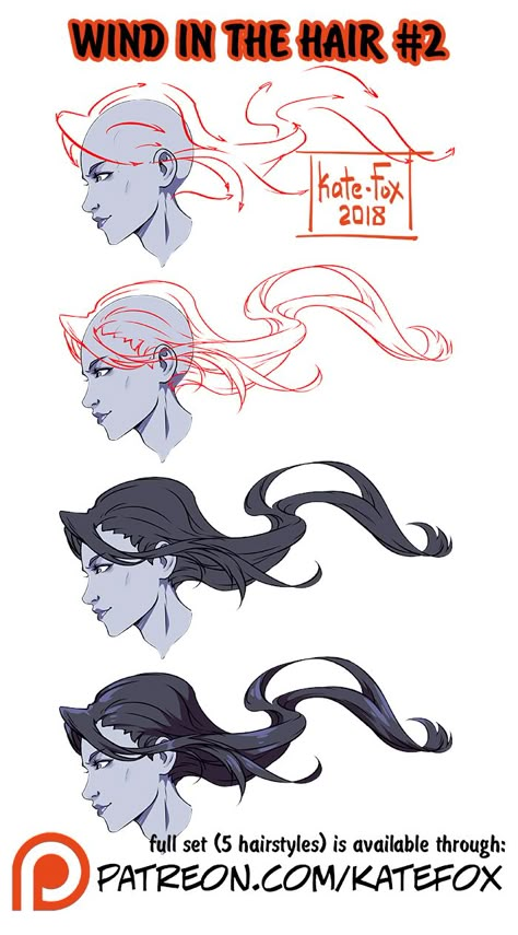 Anime Hair In Wind, Hair In Wind Reference, Wind Reference, Hair In Wind, Hair References Drawing, Ponytail Drawing, Hairstyles For Characters, Long Hair Drawing, Wind Drawing