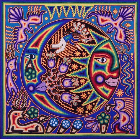 This incredibly beautiful Folk art is called Huichol art, also known as Mexican yarn art. The colorful designs and symbols are created by pressing colorful yarn and beads into a wax and resin-covered baseboard. Most Huichol patterns and designs have religious and cultural significance. #huicholart #huichol #art #artwork #artoftheday #artist #mexico #beautiful #yarnart Made by: Andrew Osta Picture Source: Facebook Mexican Yarn Art, Wall Paper Art, Huichol Pattern, South American Art, Mexican Wall Art, Yarn Painting, Arte Folk, Huichol Art, Mexico Art