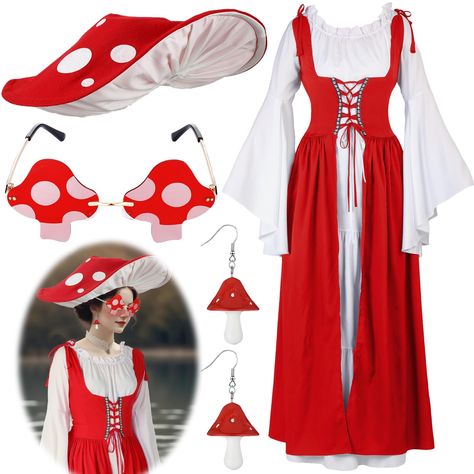 PRICES MAY VARY. Authentic Renaissance Costume Set: transform into a Renaissance beauty by wearing our traditional Viking dress with elegant flared sleeves and a corset-style lace-up bodice; The set also includes a mushroom hat for easy storage, a pair of mushroom earrings, and a pair of mushroom-shaped glasses Quality Material: our medieval renaissance costume is made from a reliable polyester and spandex blend, equipped with soft and comfortable adjustable straps to ensure it fits all body typ Mushroom Outfit, Victorian Fairy, Mushroom Costume, Viking Dress, Plus Size Halloween Costume, Ren Fest, Mushroom Hat, Glamorous Outfits, Mushroom Earrings