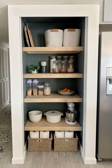 Pantry Space In Small Kitchen, Wooden Shelf Pantry, Turn A Closet Into A Pantry, Pantry Nook Ideas, Pantry With No Door, Small Open Pantry, Small Pantry Closet Design, Wooden Pantry Shelves, Small Pantry Remodel