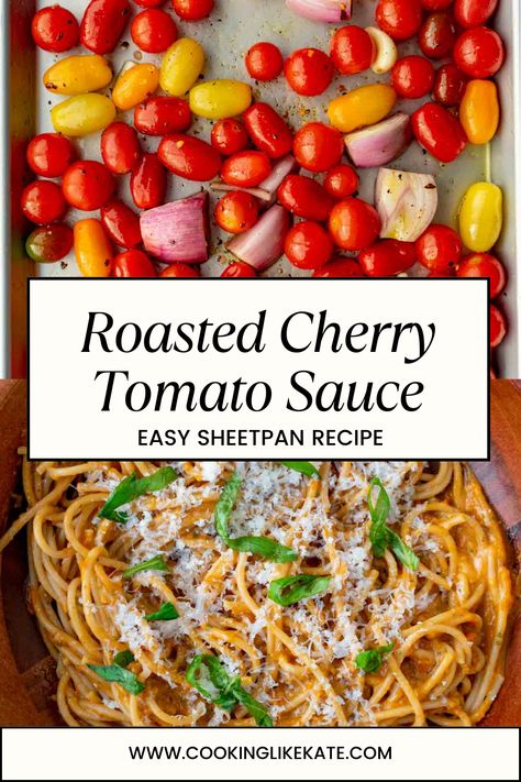 This roasted cherry tomato sauce is a delightful fresh tomato recipe that transforms simple ingredients into a rich and flavorful homemade spaghetti sauce. As a sheet pan recipe, this roasted tomato sauce captures the essence of fresh tomatoes in every bite, perfect for an easy and delicious pasta night. Sheet Pan Spaghetti Sauce, Sheet Pan Pasta Sauce, Sheet Pan Tomato Sauce, Roasted Tomato Sauce Homemade, Recipes For Cherry Tomatoes, Roasted Cherry Tomatoes Pasta, Recipes Using Cherry Tomatoes, Cherry Tomatoes Recipes, Roasted Cherry Tomato Pasta