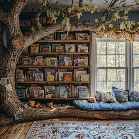 "Enchanted Reading #Nook: Charming #Cozy corner with a bookshelf #Tree, inviting #Cushions, and a serene atmosphere for #Reading. #BookLovers #HomeDecor #AIArt #AIPhoto #Stockcake ⬇️ Download and 📝 Prompt 👉 https://stockcake.com/i/enchanted-reading-nook_212108_38901". Waldorf Reading Nook, Treehouse Reading Nook, Reading Nook Adults, Forest Reading Corner, Magical Reading Nook, Reading Nook Teenage Girl, Cottage Core Reading Nook, Small Library Rooms, Tree Reading Nook