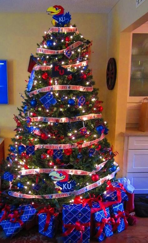 Jayhawk (University of Kansas) Christmas Tree Christmas Tree Goals, Jayhawks Basketball, Kansas Jayhawks Basketball, Rock Chalk Jayhawk, Ku Jayhawks, Rock Chalk, Cubs Baseball, University Of Kansas, Kansas Jayhawks