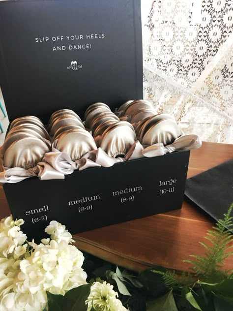 Silver ballet flats in a box set for brides and their wedding guests. Slip off your heels and dance! | Rescue Flats Wedding Flip Flops For Guests, Rescue Flats, Shoes For Wedding Guest, Wedding Ballet Flats, Silver Ballet Flats, Wedding Flip Flops, Dream Wedding Decorations, Wedding Slippers, Wedding Giveaways