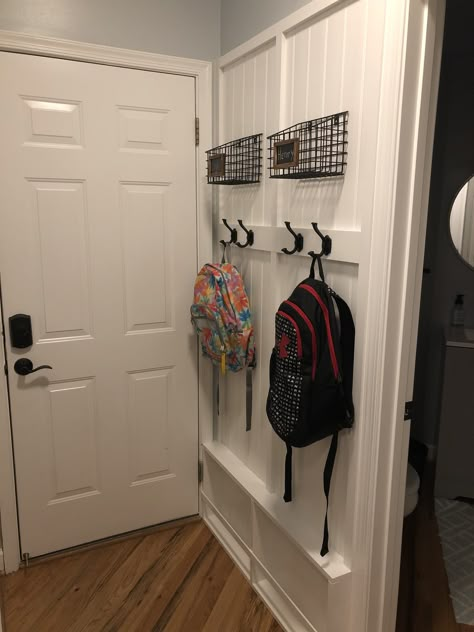 Coat And Backpack Storage Small Spaces, Built In Backpack Storage, Entry Backpack Station, Backpack Holder For Home, Organize Backpacks At Home, Entryway Backpack Organization, Garage Backpack Station, Backpack Hanging Ideas Small Space, Backpack Drop Zone Small Spaces