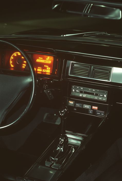 A photo of the interior panel with an orange light on it in a Nissan Silvia, a black car gear shift and radio, at night, with ambient lighting. A 6-inch digital display is illuminated above the dashboard. --ar 59:88 - Vave BG Orange Car Interior Aesthetic, Car Dashboard Aesthetic, Car Radio Aesthetic, Car Ambient Light, Car Radio Aesthetic Night, Sunset From Car Window, Digital Dashboard, Led Car Lights Interior Red, Orange Car