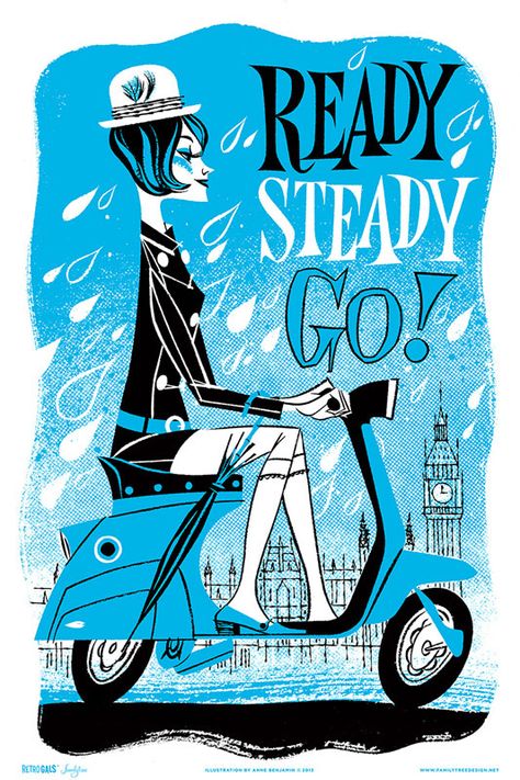 Mods And Rockers, Ready Steady Go, Mid Century Illustration, Scooter Girl, Vespa Lambretta, Mid Century Art, Retro Illustration, Cool Posters, Graphic Design Typography