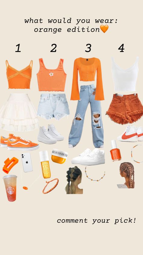 #orange #outfits #fit #outfitinspo #ootd Cute Outfits Orange, Tangerine Outfit, Cute Orange Outfit, Orange Outfit Aesthetic, Orange Outfit Ideas, Orange Outfits, Race Outfit, Orange Fits, Y2k Aesthetic Outfits